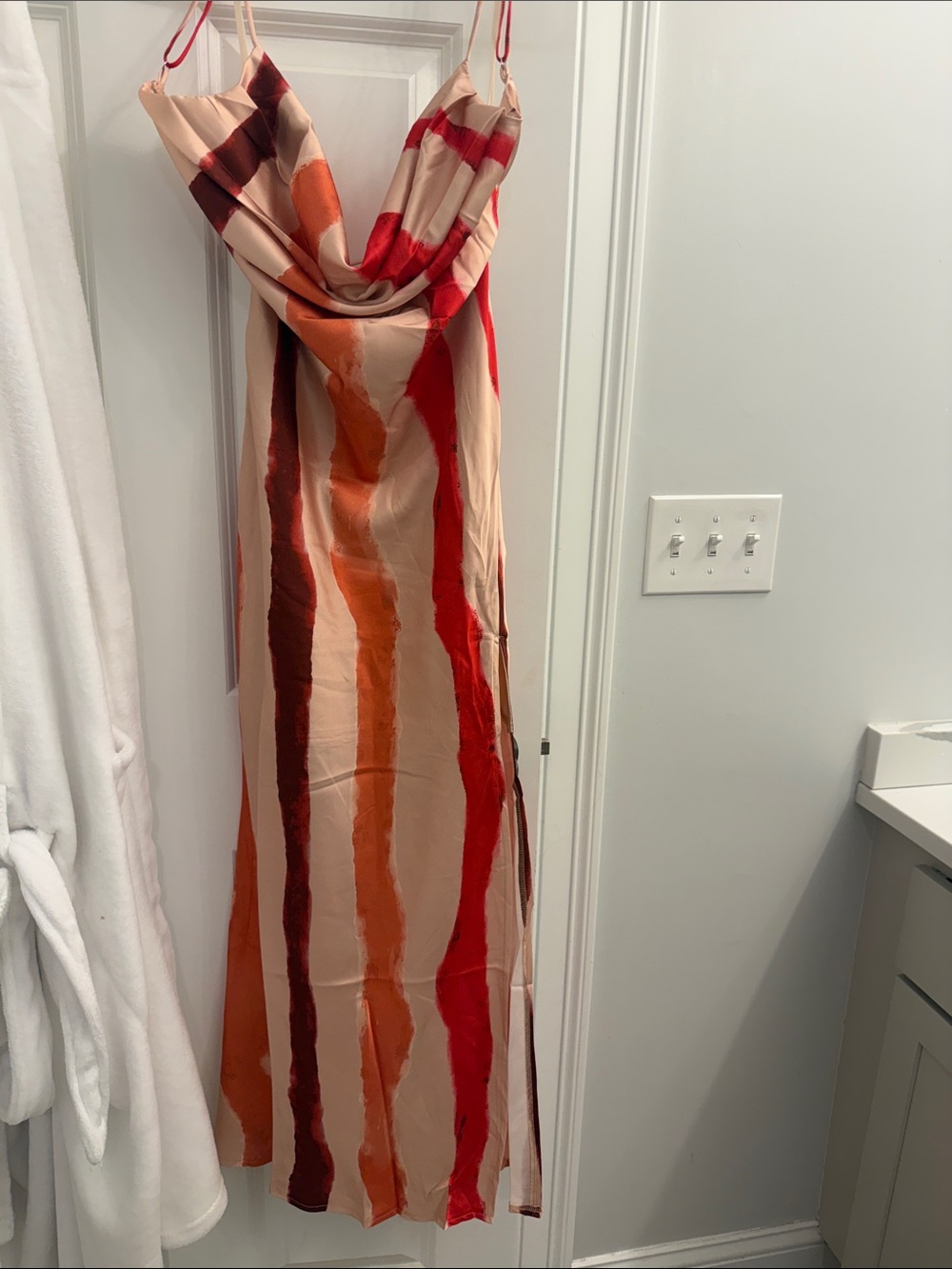 Selfie Leslie Beige Slip Dress with Red, Orange & Brown Stripes